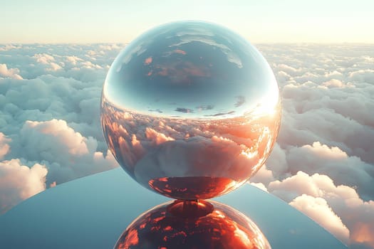 A reflective sphere floats above soft clouds at sunset, capturing vibrant colors and creating a surreal atmosphere in the sky.