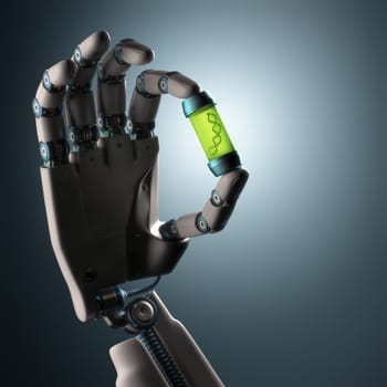 Robotic hand holding a test tube with a dna inside. Technology concept manipulating organic life. Clipping path included.