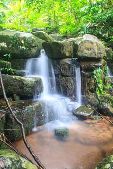 rainforest waterfall and rocks covered with moss