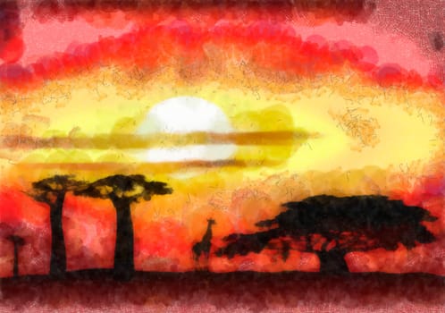 Drawing of the Africa sunset - mixed media - digitally altered