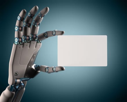 Robotic hand holding a blank card. Your text on the card. Clipping path included.
