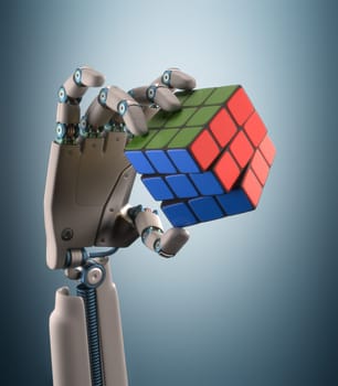 Robotic hand holding a colorful cube. Clipping path included.
