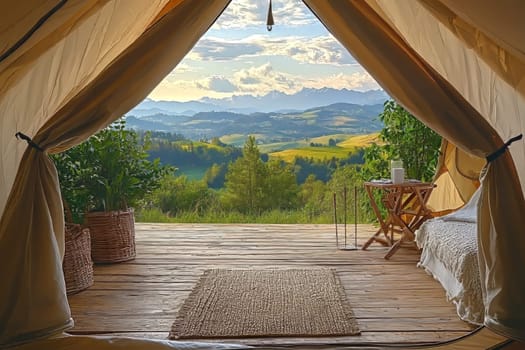 Gaze at the breathtaking mountain view from the tent at sunset, surrounded by lush greenery and a serene atmosphere.