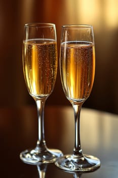 glass of champagne on christmas festive table, Generative AI, holidays