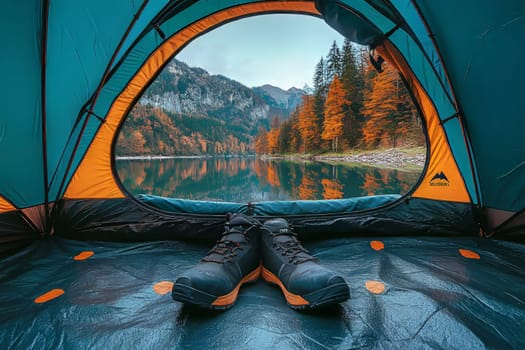 Boots rest inside a tent, showcasing a breathtaking view of a calm lake and colorful autumn foliage in the mountains.