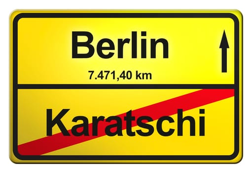 A yellow exit sign with the distance from one place to another.
