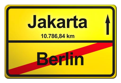 A yellow exit sign with the distance from one place to another.