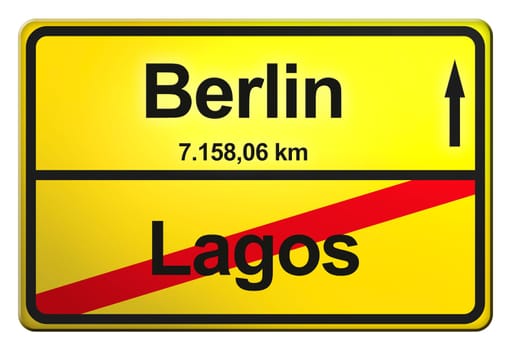 A yellow exit sign with the distance from one place to another.