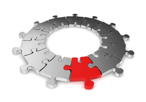 Jigsaw ring with unique one. 3d illustration on white background