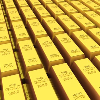 Stack of golden bars. 3d illustration on white background