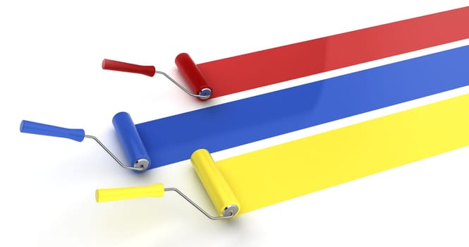 Three paint rollers. 3d illustration on white background