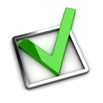 Green tick. 3d illustration on white background