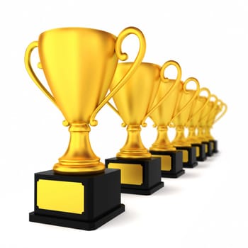 Many golden cups. 3d illustration on white background