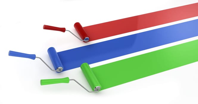 three rollers painting lines - 3d render on white