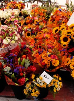 A beautiful, colorful flower stall on a farmers market on Ottawa, Canada..