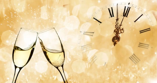 Glasses with champagne against holiday lights and clock close to midnight