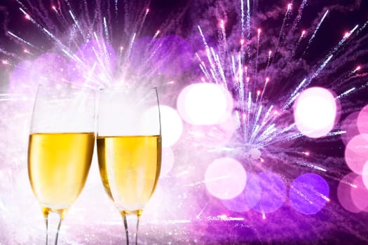 Glasses with champagne against holiday lights and clock close to midnight