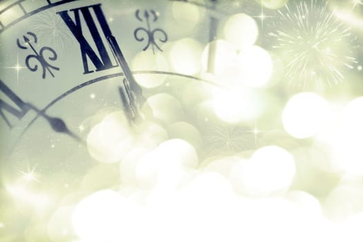 New Year's at midnight - Old clock with stars snowflakes and holiday lights