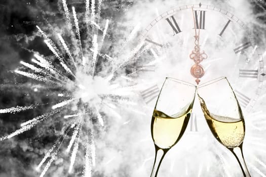 Glasses with champagne against holiday lights and clock close to midnight