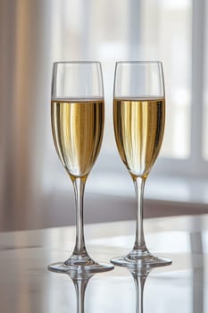 glass of champagne on christmas festive table, Generative AI, holidays