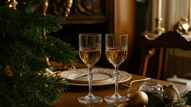 glass of champagne on christmas festive table, Generative AI, holidays