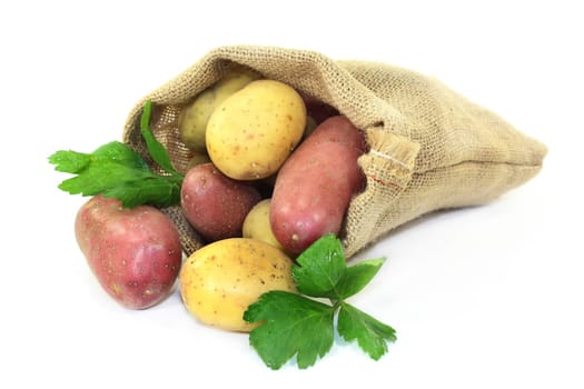 raw potatoes with parsley in a jute sack