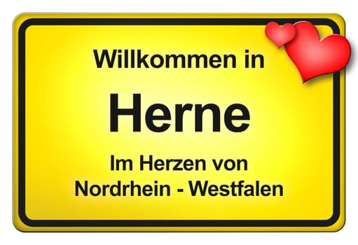 A yellow entrance sign with friendly welcome - Welcome