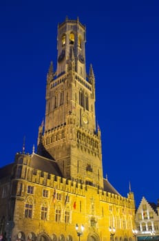 Famous Belfry of Bruges (Belgium). Night scene.