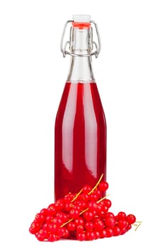 Fresh ripe and tasty currants and a bottle syrup isolated on white background
