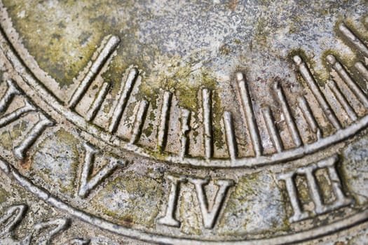 Close up of Roman numerals on weathered  sundial