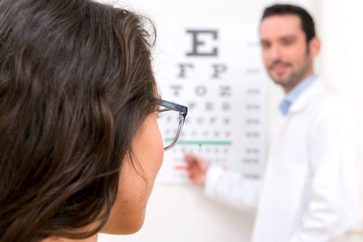 View of a Young attractive woman doing optician test