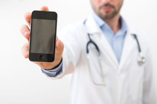 View of a Professional Doctor handing a smartphone