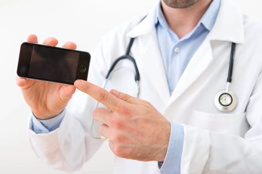View of a Professional Doctor handing a smartphone