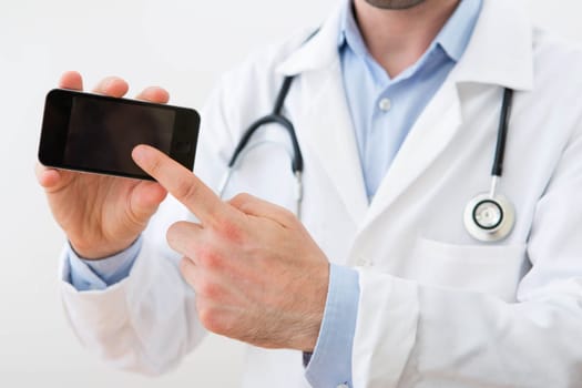 View of a Professional Doctor handing a smartphone