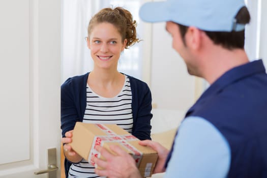View of a Delivery man handing over a parcel to customer