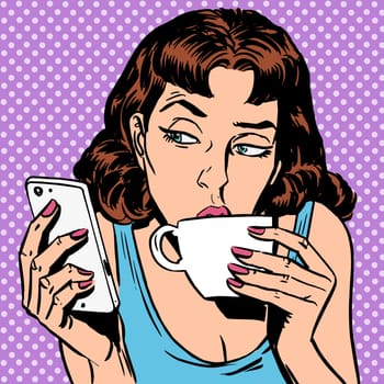 Tuesday girl looks at smartphone drinking tea or coffee. Lunchtime morning the rest of the evening
