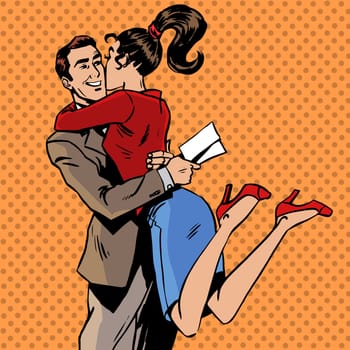 Meeting a couple man and woman. Or father and adult daughter retro style