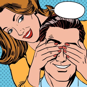 Who is the woman closed the man eyes for a surprise. Retro style couple