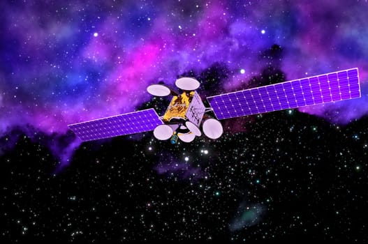 3D model of an artificial satellite of the Earth, equipped solar panels and parabolic satellite communications antenna