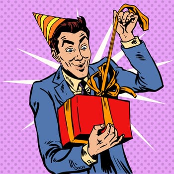 Male birthday unpacks the gift. Holiday anniversary greetings