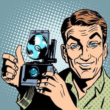 Photographer with retro camera hand gesture all is well. Reportage journalist blogger