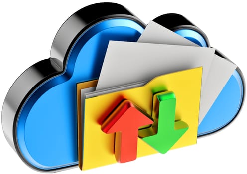 concept of cloud computing and circulation digital documents as is blue glossy cloud icon with folder and documents on white background