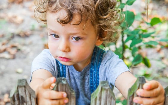 Portrait of 1 year old baby boy behind a small fence.