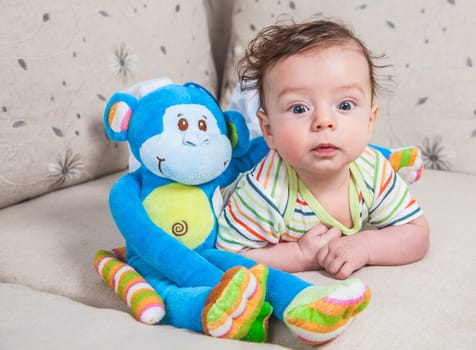 Portrait of an adorable smiling baby playing with a monkey toy.
