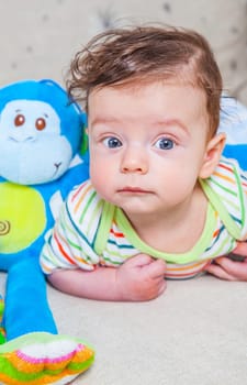 Portrait of an adorable smiling baby playing with a monkey toy.