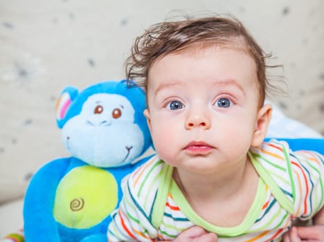 Portrait of an adorable smiling baby playing with a monkey toy.