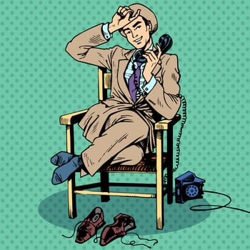 Tired man sits on a chair and talking on the phone. Call technology communication
