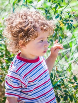 Portrait of 1 year old baby boy exploring the surroundings of his yard.