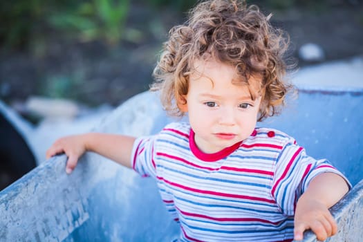 Portrait of 1 year old baby boy playing with a wheel barrow.