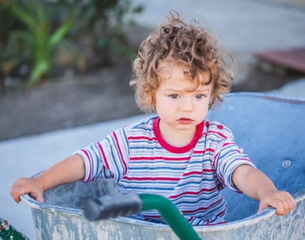 Portrait of 1 year old baby boy playing with a wheel barrow.